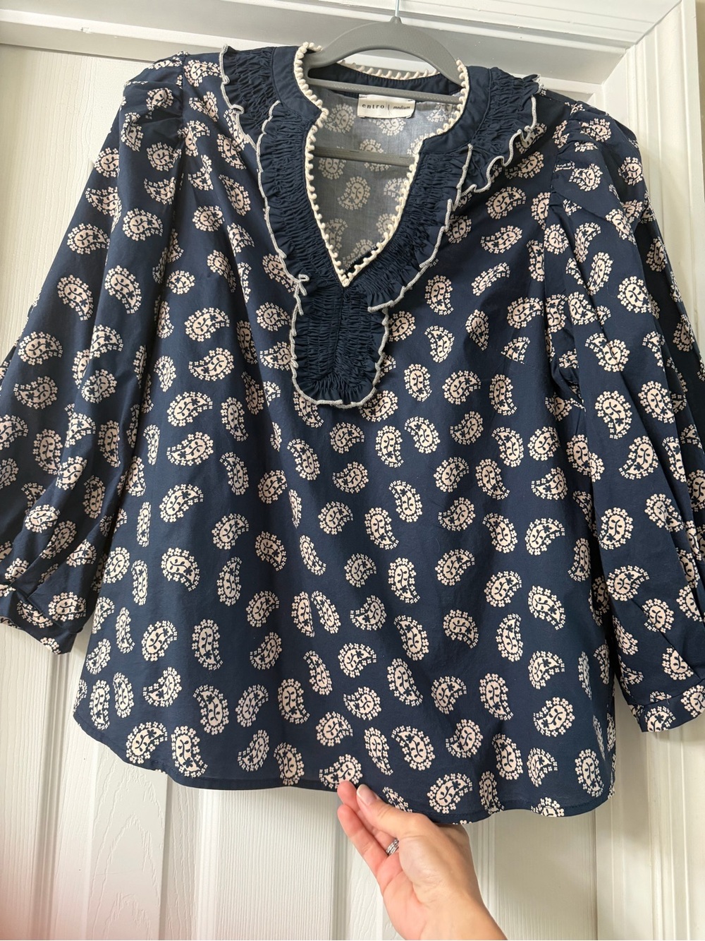Entro Navy Ruffled V-Neck Printed Blouse